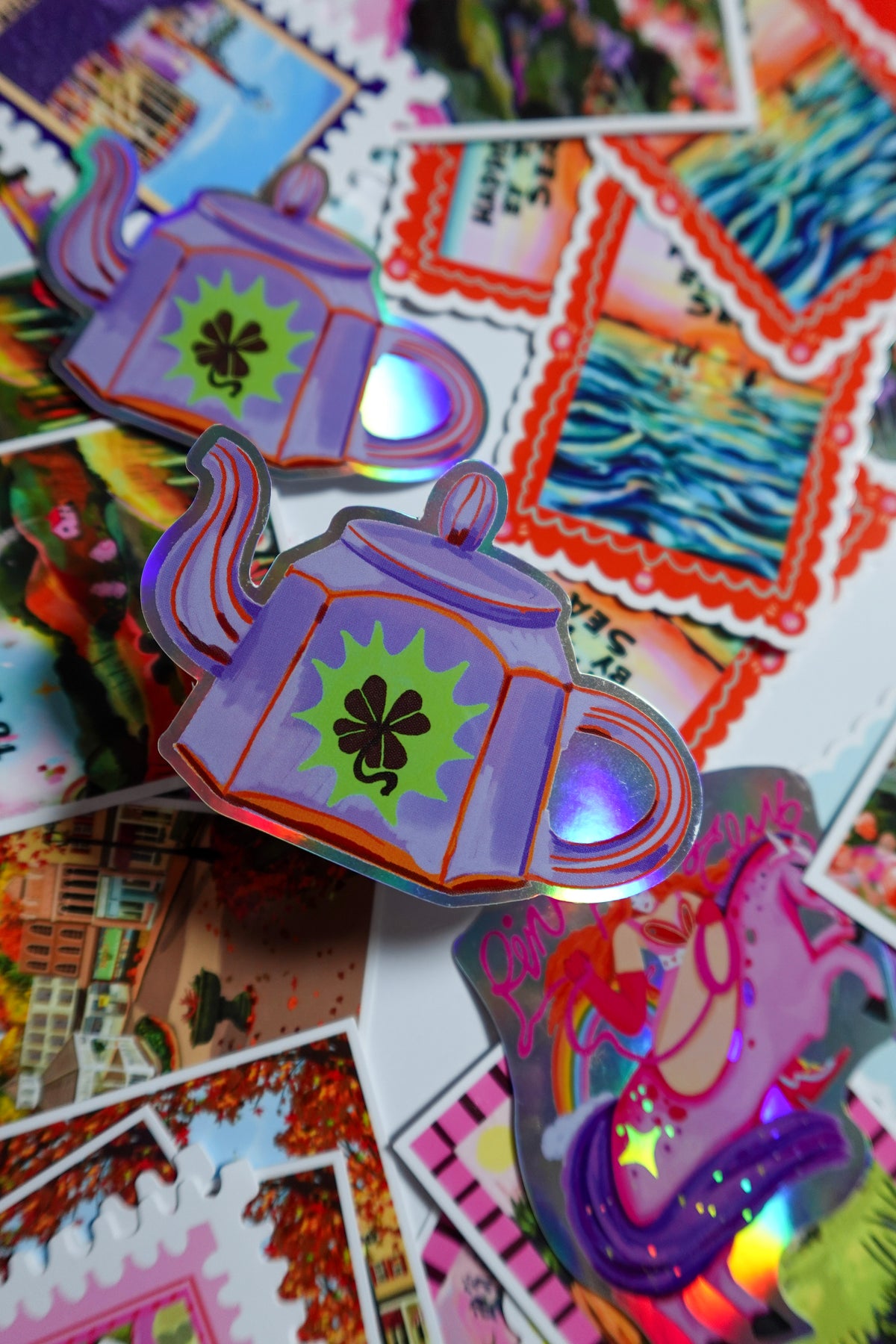 Shamrock Teapot Holographic Vinyl Sticker