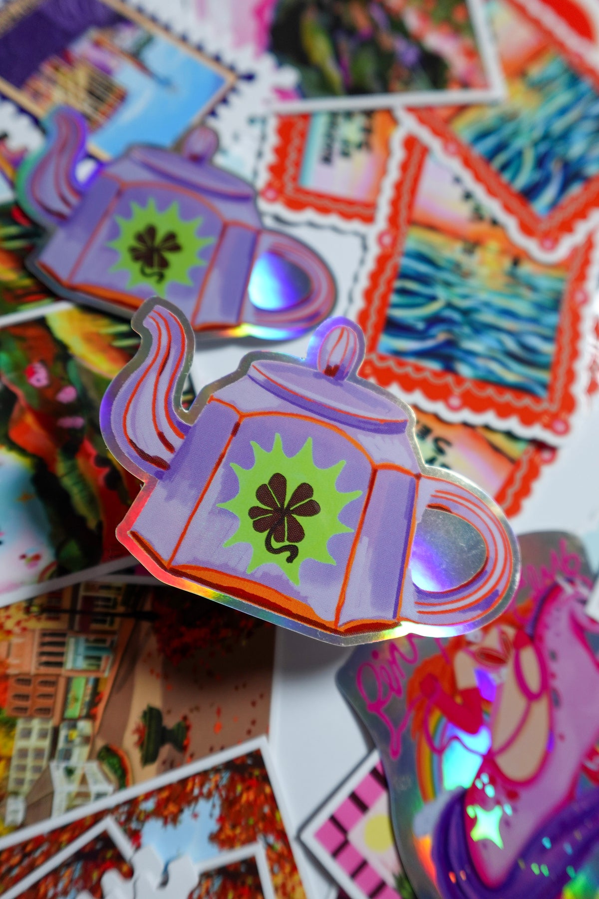 Shamrock Teapot Holographic Vinyl Sticker