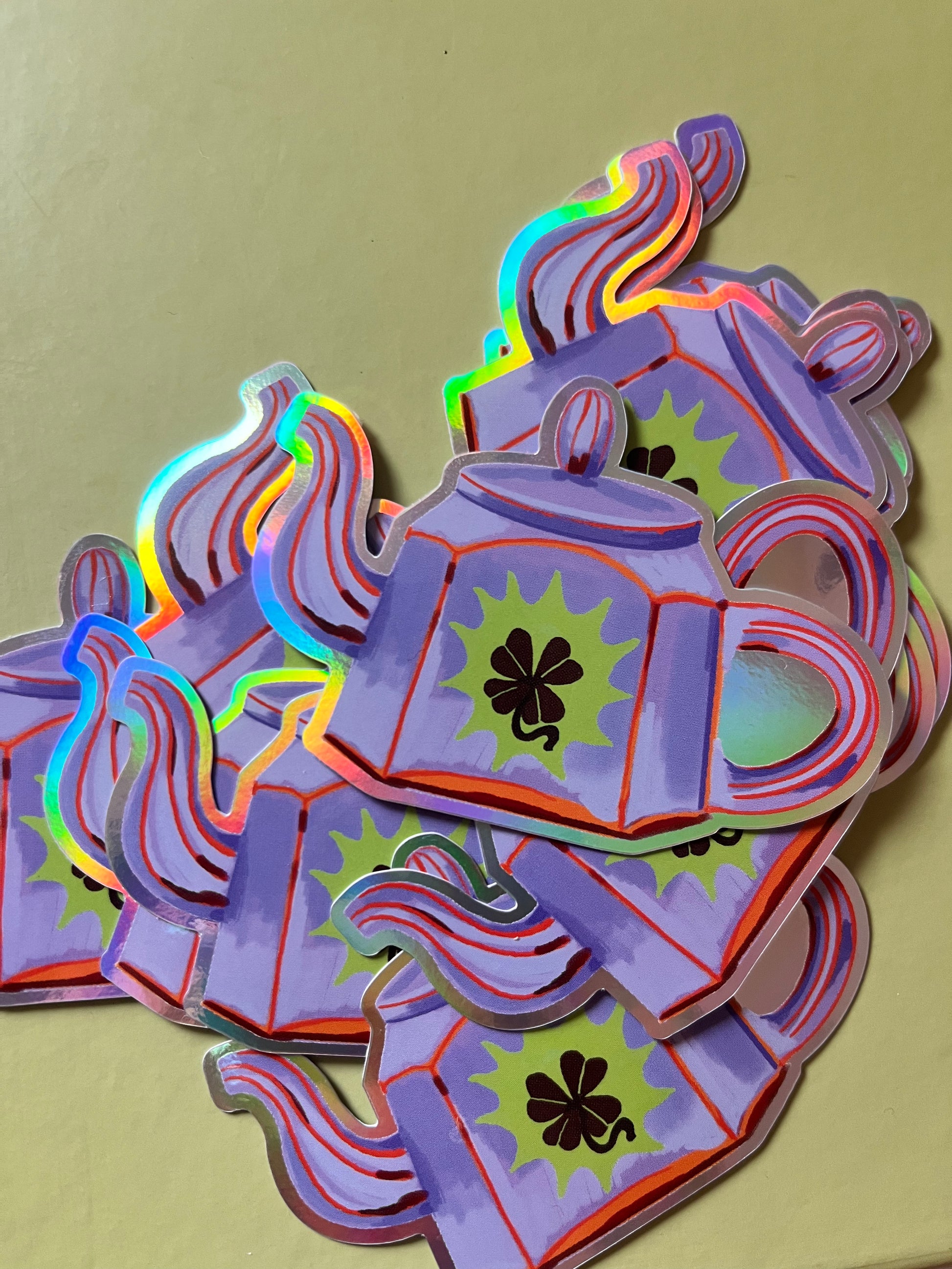 Shamrock Teapot Holographic Vinyl Sticker